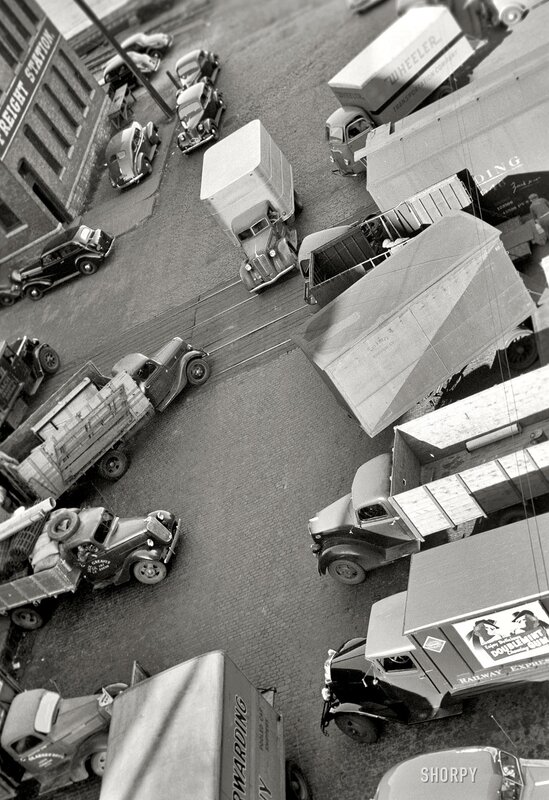Overhead view of vintage trucks