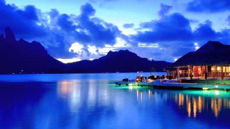 Overwater Bungalow at Dusk — Blue, Serene, Night, Photograph, Mountains