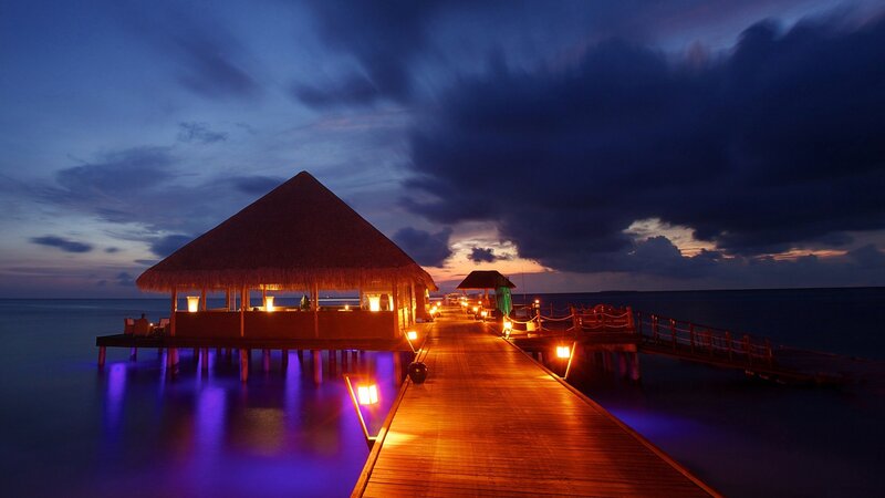 Overwater Bungalow at Dusk — Blue, Serene, Night, Photograph, Pier
