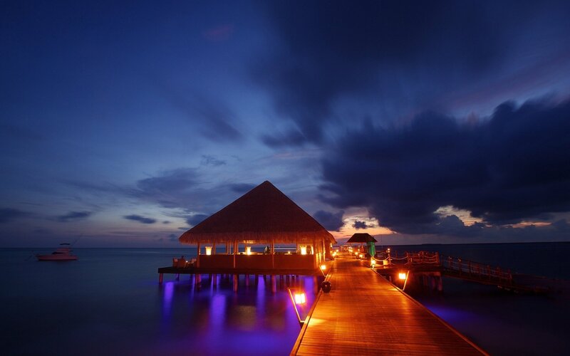 Overwater Bungalow at Dusk — Blue, Serene, Night, Photograph
