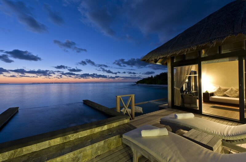 Overwater Bungalow at Dusk — Blue, Serene, Night