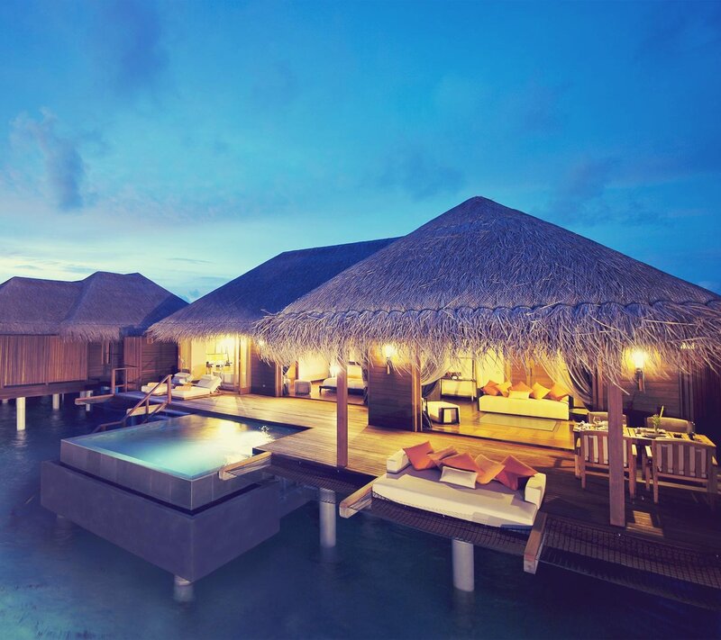 Overwater Bungalow at Dusk — Blue, Serene, Sunset, Photograph