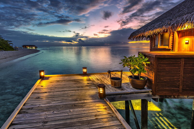 Overwater Bungalow at Dusk — Blue, Serene, Sunset