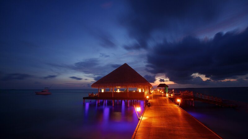 Overwater Bungalow at Dusk — Blue, Serene