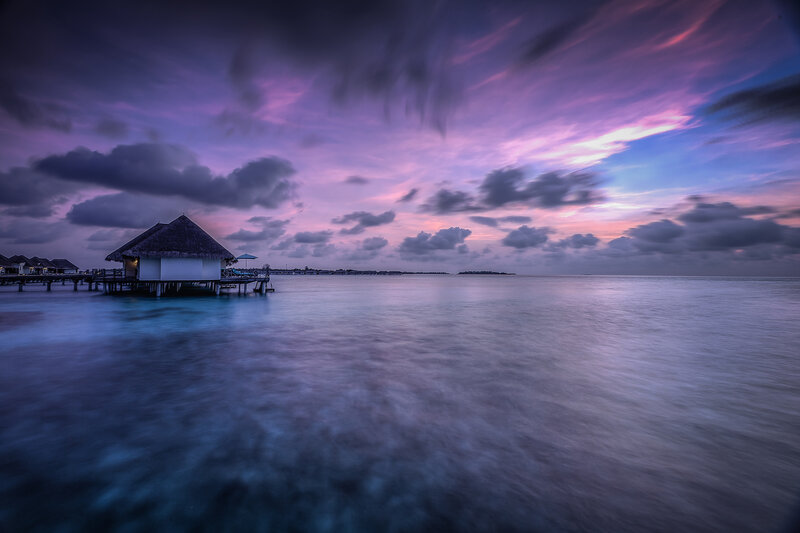 Overwater Bungalow at Dusk — Purple, Serene
