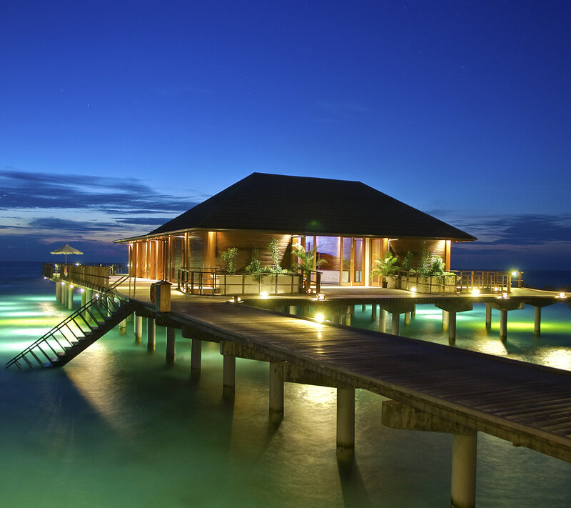 Overwater Bungalow at Night — Blue, Serene, Photograph, Pier, Staircase
