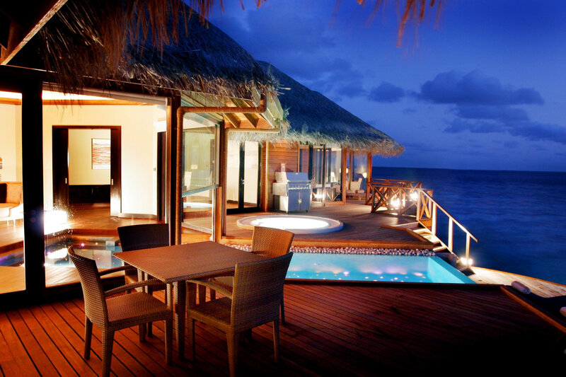 Overwater Bungalow at Night — Blue, Serene, Photograph, Pool
