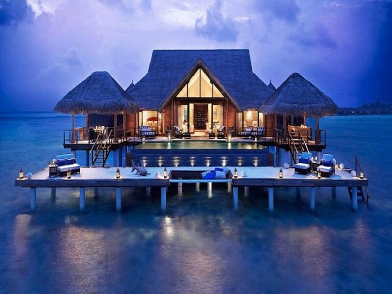 Overwater Bungalow at Night — Blue, Serene