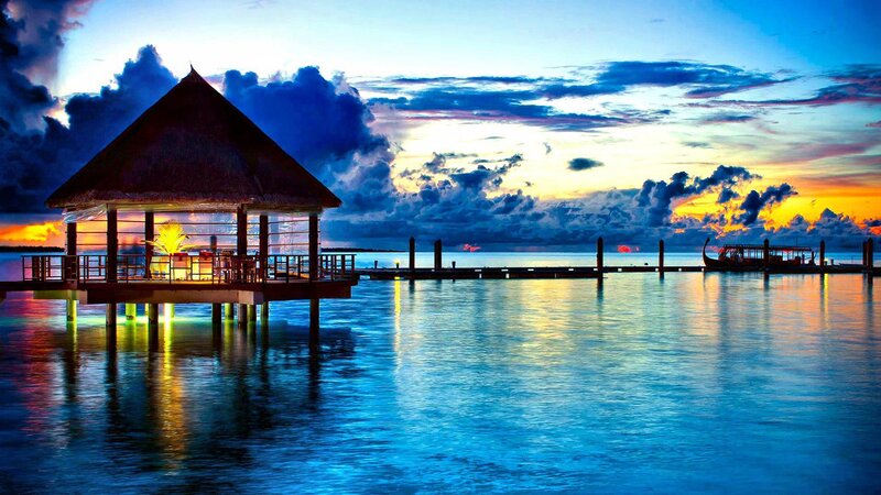 Overwater Bungalow at Sunset — Blue, Dramatic, Photograph