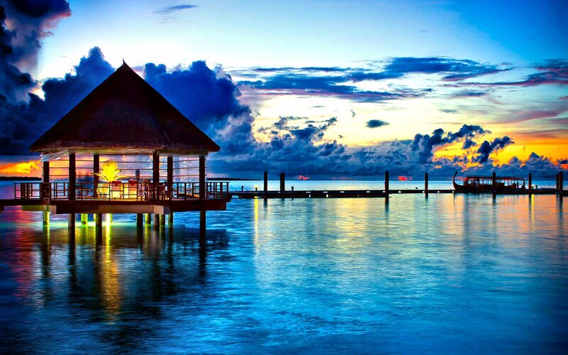 Overwater Bungalow at Sunset — Blue, Dramatic