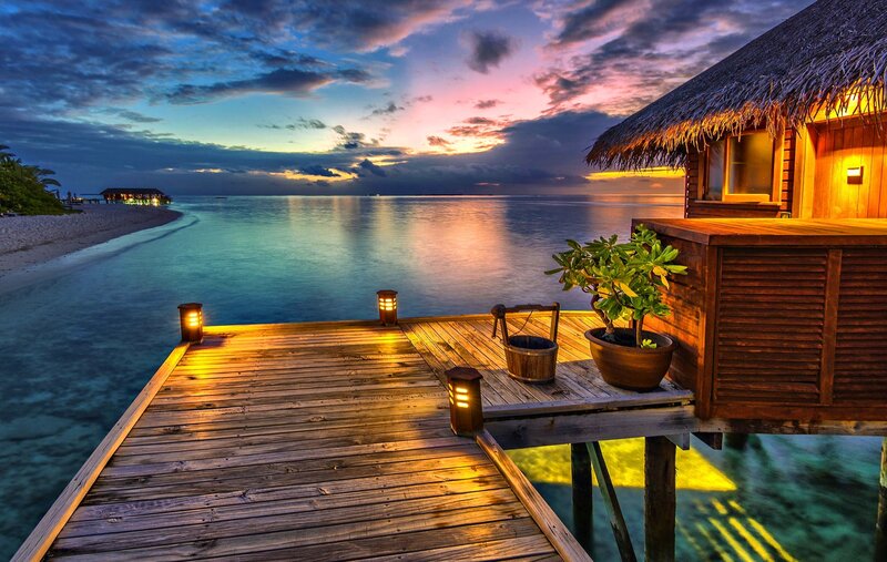 Overwater Bungalow at Sunset — Blue, Serene, Photograph, Wooden Deck