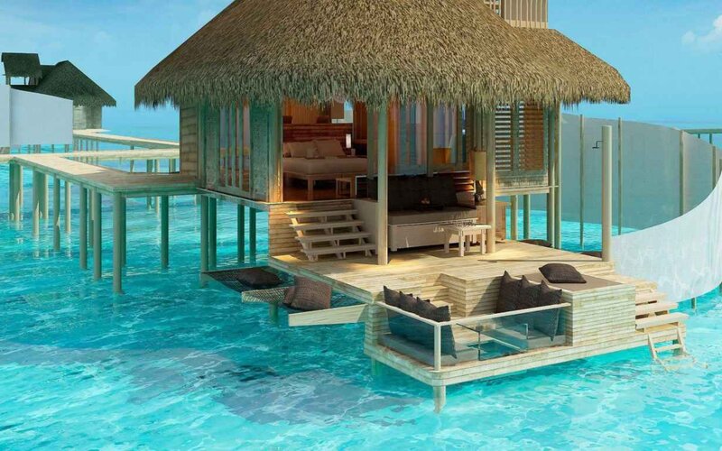 Overwater Bungalow — Blue, Serene, Afternoon, 3d Render, Thatched Roof, Wooden Deck