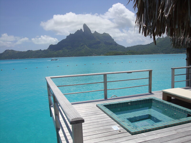 Overwater Bungalow — Blue, Serene, Afternoon, Photograph, Mountain