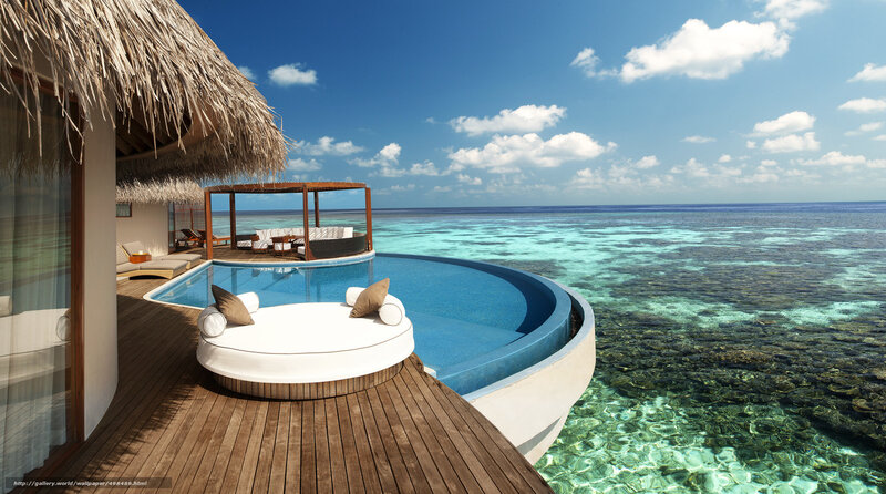 Overwater Bungalow — Blue, Serene, Afternoon, Photograph, Pool, Deck, Ocean, White