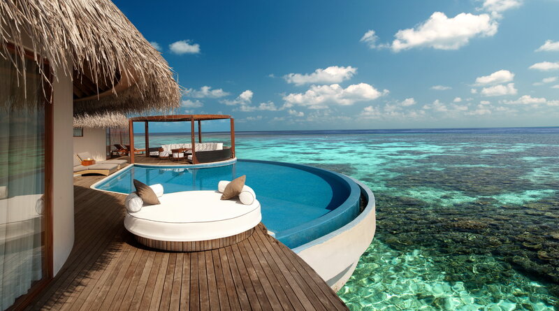Overwater Bungalow — Blue, Serene, Afternoon, Photograph, Pool, Thatched Roof, Ocean