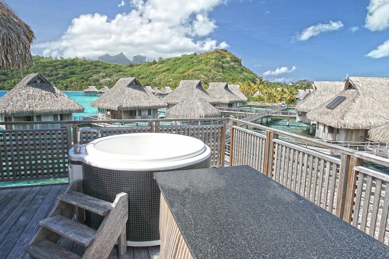 Overwater Bungalow Deck — Blue, Serene, Afternoon, Photograph, Hot Tub