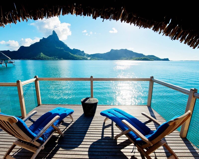 Overwater Bungalow Deck — Blue, Serene, Afternoon, Photograph, Loungers