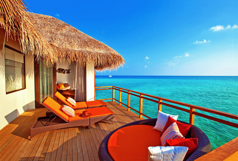 Overwater Bungalow Deck — Blue, Serene, Afternoon, Photograph, Thatched Roof, Lounge Chairs
