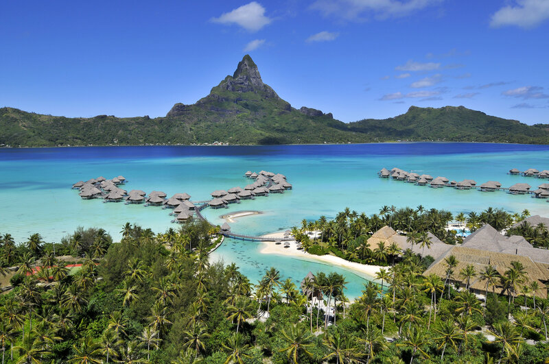 Overwater Bungalows and Mountain — Blue