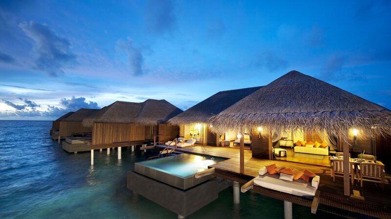 Overwater Bungalows at Dusk — Blue, Serene, Night, Photograph, Ocean