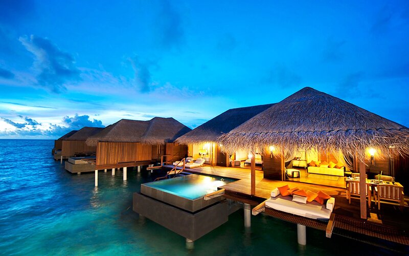 Overwater Bungalows at Dusk — Blue, Serene, Night, Photograph