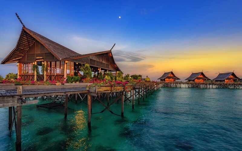 Overwater Bungalows at Dusk — Blue, Serene, Sunset, Photograph, Ocean, Moon