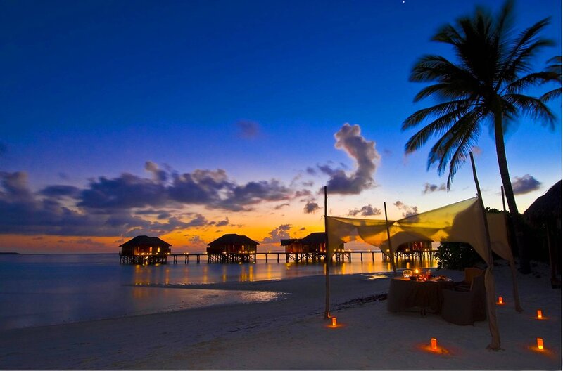 Overwater Bungalows at Dusk — Blue, Serene, Sunset, Photograph, Palm Tree
