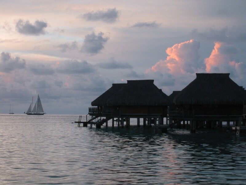 Overwater Bungalows at Dusk — Blue, Serene, Sunset, Photograph, Sailboat