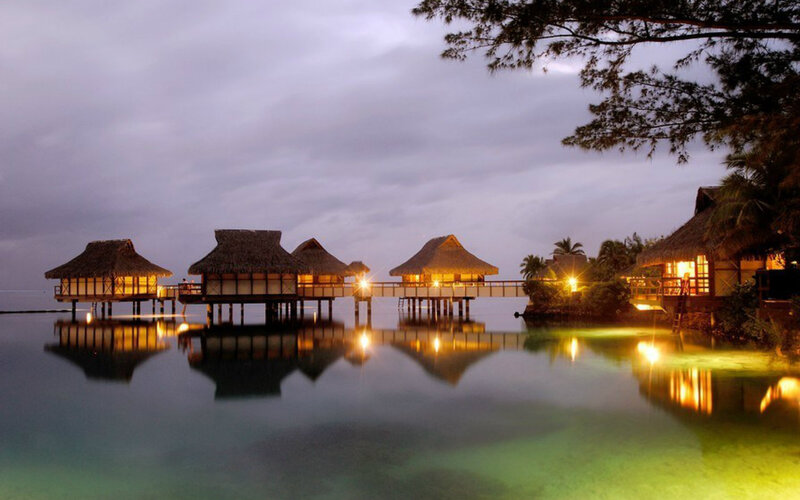Overwater Bungalows at Dusk — Purple, Serene, Night