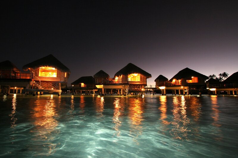 Overwater Bungalows at Night — Black, Serene