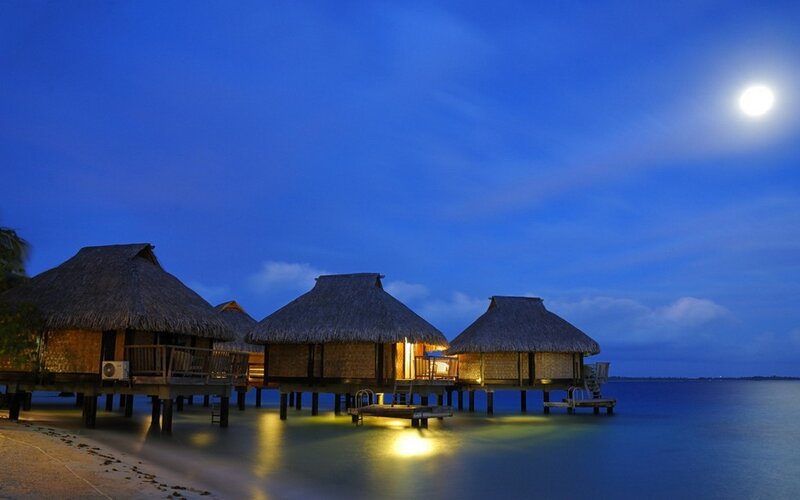 Overwater Bungalows at Night — Blue, Serene, Photograph, Moon, Ocean