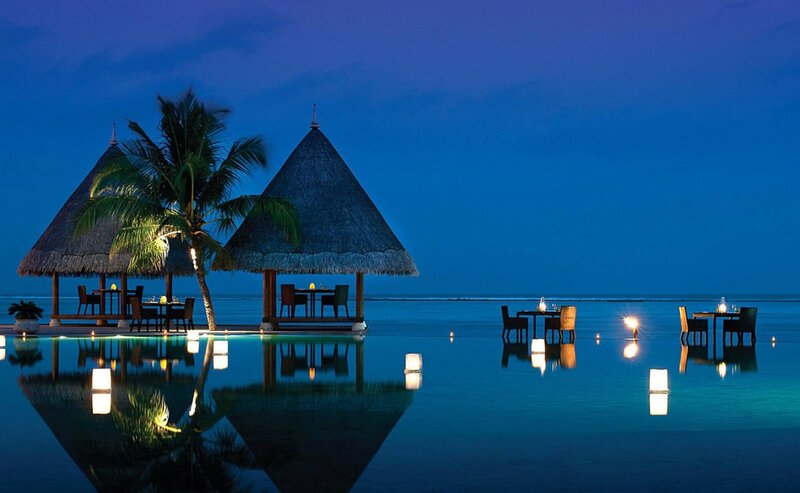 Overwater Bungalows at Night — Blue, Serene, Photograph, Palm Tree, Lanterns