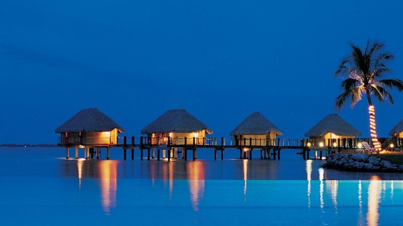 Overwater Bungalows at Night — Blue, Serene, Photograph, Palm Tree, Water