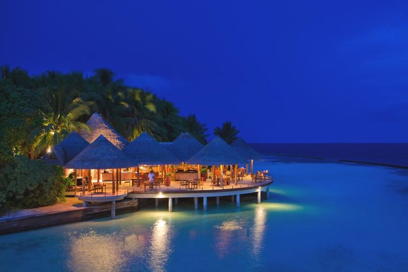 Overwater Bungalows at Night — Blue, Serene, Photograph, Palm Trees, Ocean