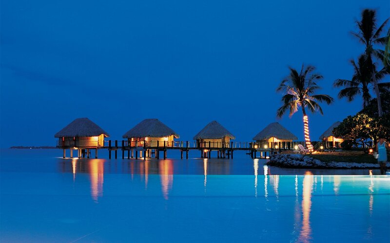 Overwater Bungalows at Night — Blue, Serene, Photograph, Palm Trees, Pool