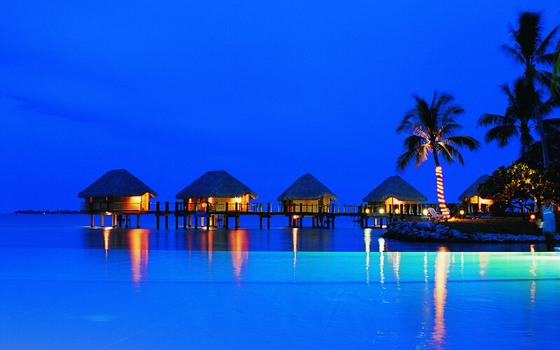 Overwater Bungalows at Night — Blue, Serene, Photograph, Palm Trees