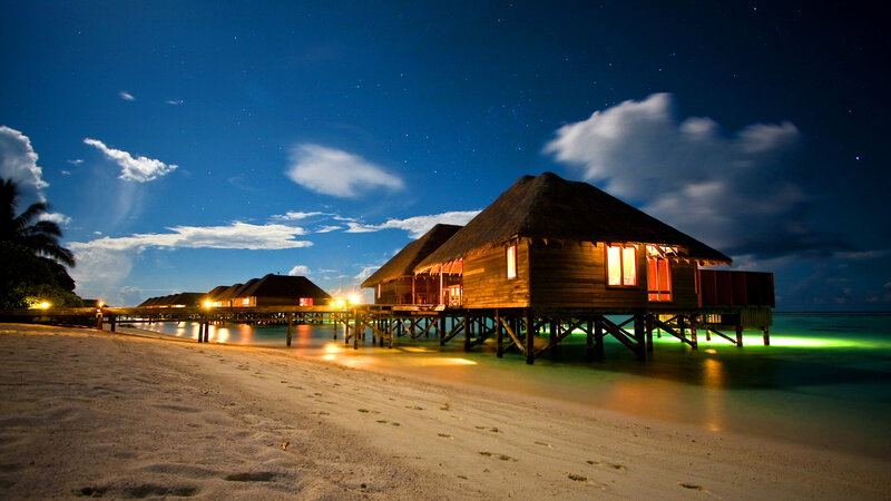 Overwater Bungalows at Night — Blue, Serene