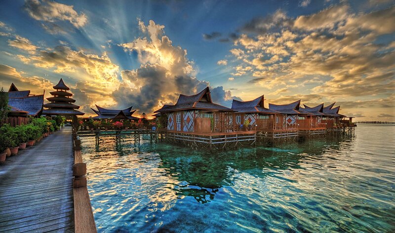 Overwater Bungalows at Sunset — Blue, Dramatic, Photograph, Pier