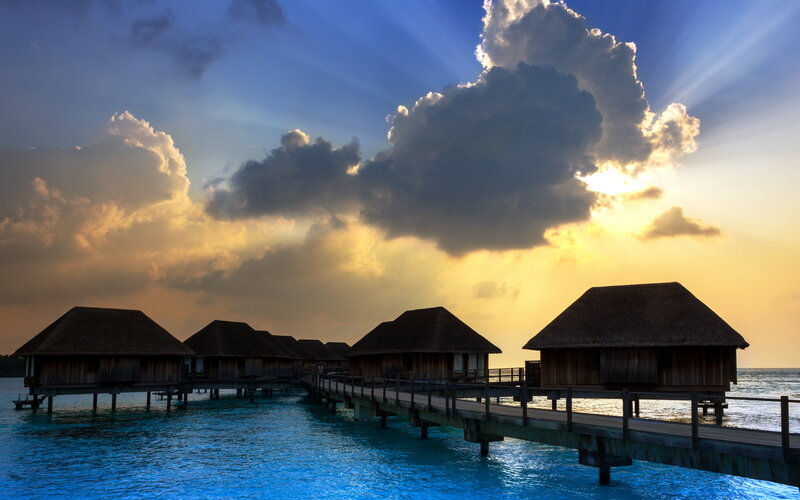 Overwater Bungalows at Sunset — Blue, Dramatic, Photograph