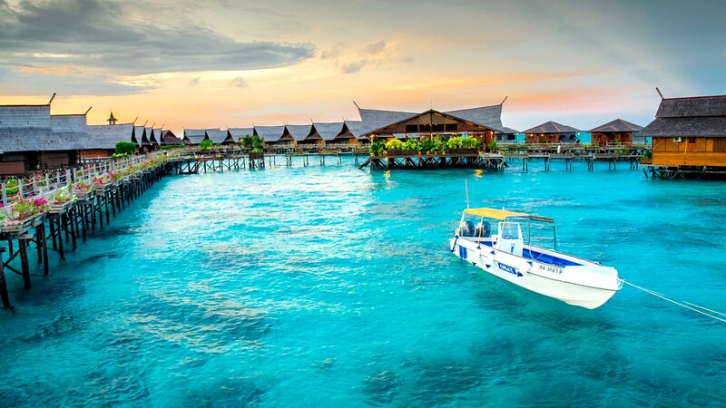 Overwater Bungalows at Sunset — Blue, Serene, Photograph, Boat