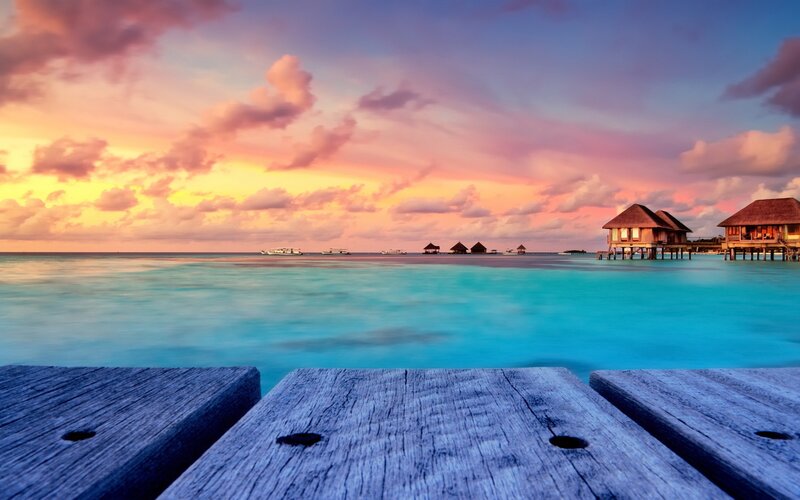 Overwater Bungalows at Sunset — Blue, Serene, Photograph, Boats