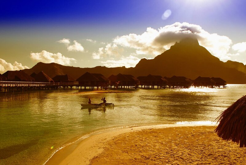 Overwater Bungalows at Sunset — Blue, Serene, Photograph, Mountain, Canoe