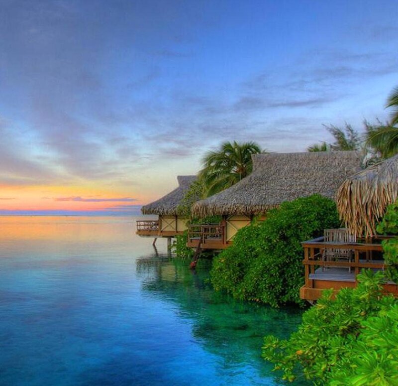 Overwater Bungalows at Sunset — Blue, Serene, Photograph, Ocean, Palm Trees