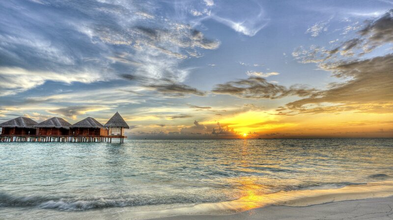Overwater Bungalows at Sunset — Blue, Serene, Photograph, Ocean, Sky