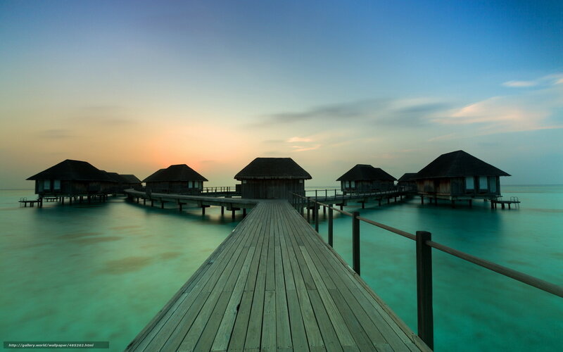 Overwater Bungalows at Sunset — Blue, Serene, Photograph, Pier, Ocean, Sky