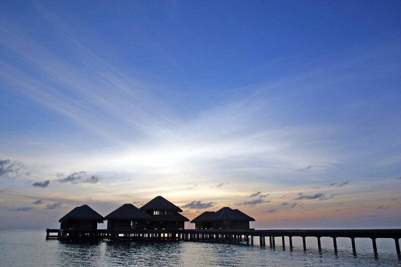 Overwater Bungalows at Sunset — Blue, Serene, Photograph, Pier, Ocean