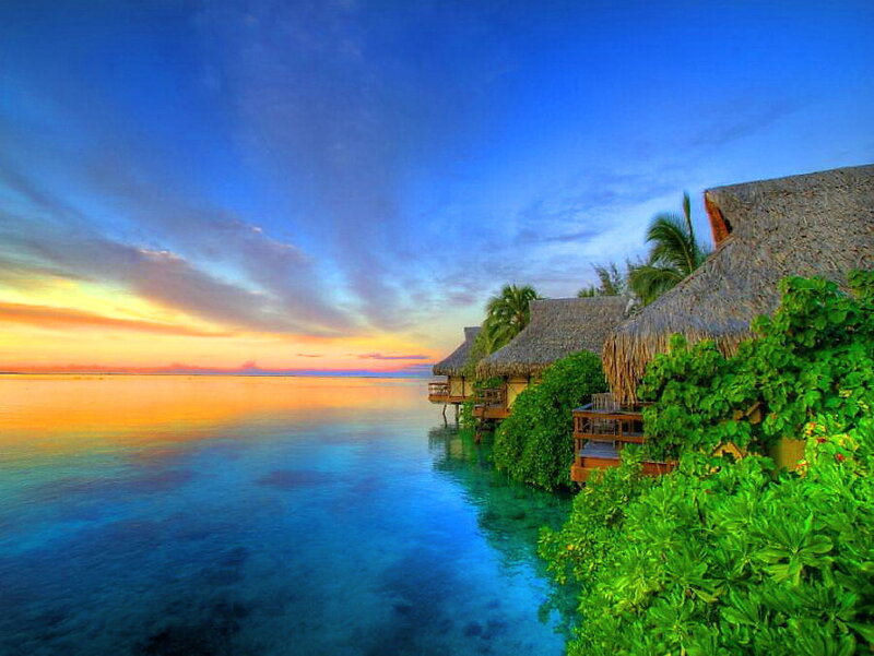 Overwater Bungalows at Sunset — Blue, Serene