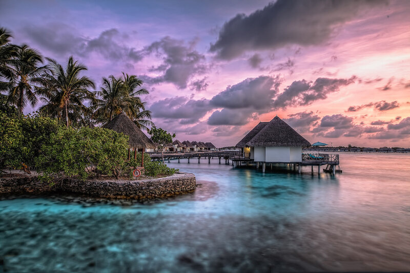 Overwater Bungalows at Sunset — Purple, Serene, Photograph, Palm Trees