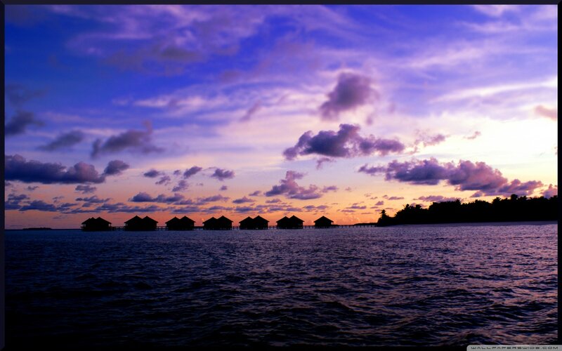 Overwater Bungalows at Sunset — Purple, Serene