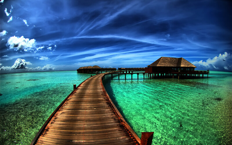 Overwater Bungalows — Blue, Dramatic, Afternoon, Photograph, Boardwalk